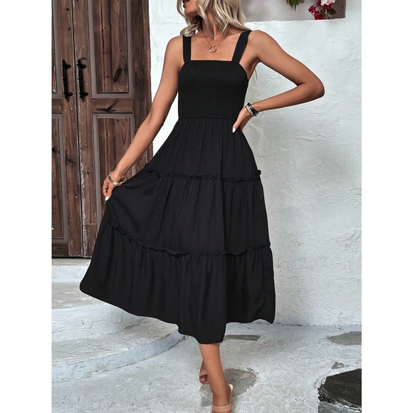 boho shirred bust Frill Trim tiered Cami midi Dress square neck - Picture 2 of 9